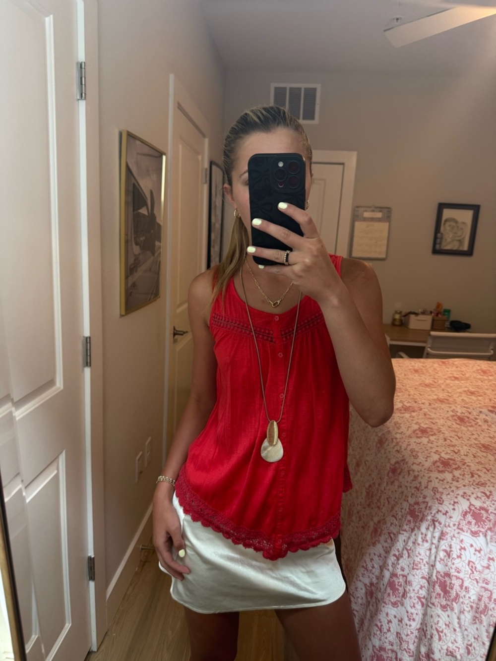 Red Lace Trim Sleeveless Blouse